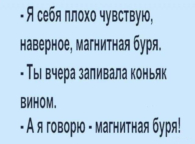 Я себя плохо чувствую, наверное, магнитная буря.
Ты вчера запивала коньяк вином.
А я говорю - магнитная буря!