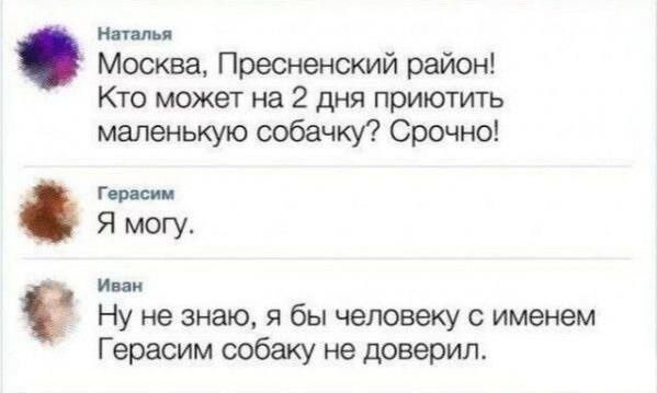 Наталья: Москва, Пресненский район! Кто может на 2 дня приюитить маленькую собачку? Срочно!  Герасим: Я могу.  Иван: Ну не знаю, я бы человеку с именем Герасим собаку не доверил.