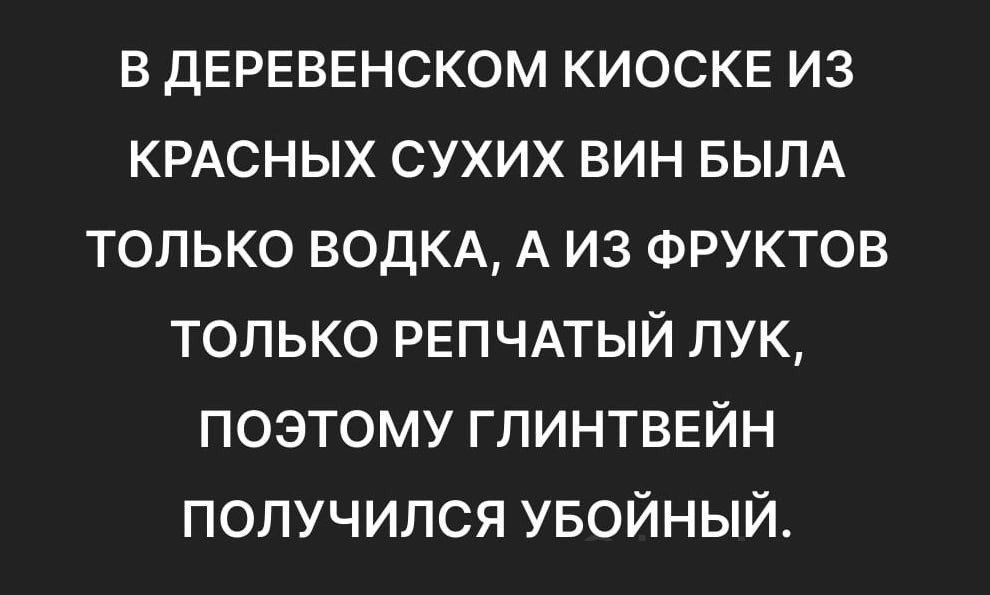 В ДЕРЕVENСКОМ КИОСКЕ ИЗ КРАСНЫХ СУХИХ ВИН БЫЛА ТОЛЬКО ВОДКА, А ИЗ ФРУКТОВ ТОЛЬКО РЕПЧАТЫЙ ЛУК, ПОЭТОМУ ГЛИНТВЕЙН ПОЛУЧИЛСЯ УБОЙНЫЙ.