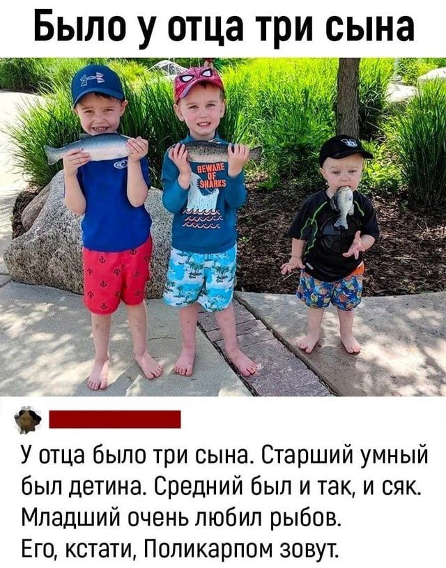 Было у отца три сына. Старший умный был детина. Средний был и так, и сяк. Младший очень любил рыбов. Его, кстати, Поликарпом зовут.
