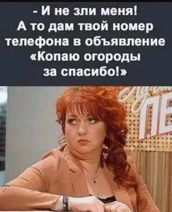 - И не зли меня! А то дам твой номер телефона в объявление «Копаю огороды за спасибо!»
