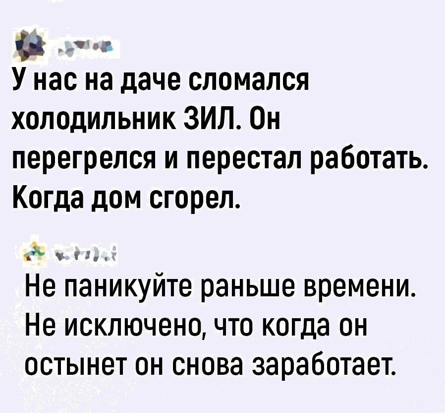 У нас на даче сломался холодильник ЗИЛ. Он перегрелся и перестал работать. Когда дом сгорел.
Не паникуйте раньше времени. Не исключено, что когда он остынет он снова заработает.
