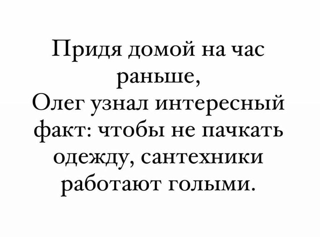 Придя домой на час раньше, Олег узнал интересный факт: чтобы не пачкать одежду, сантехники работают голыми.