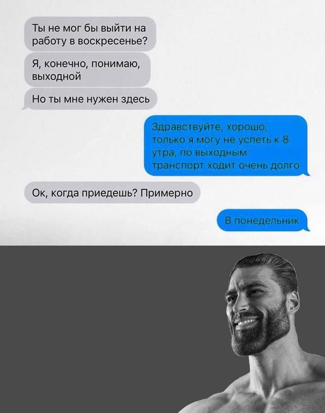 Ты не мог бы выйти на работу в воскресенье?
Я, конечно, понимаю, выходной
Но ты мне нужен здесь

Здравствуйте, хорошо, только я могу не успеть к 8 утра, по выходным транспорт ходит очень долго
Ок, когда приедешь? Примерно

В понедельник