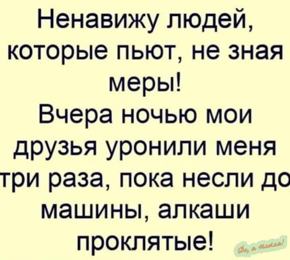 Ненавижу людей, которые пьют, не зная меры! Вчера ночью мои друзья уронили меня три раза, пока несли до машины, алкаши проклятые!