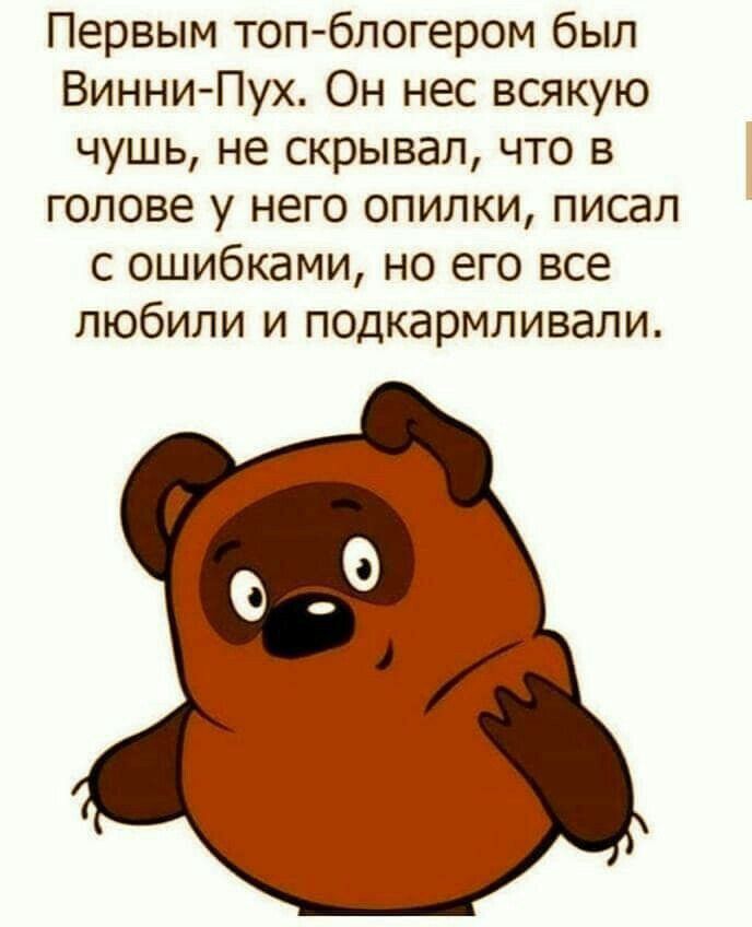 Первым топ-блогером был Винни-Пух. Он нес всякую чушь, не скрывал, что в голове у него опилки, писал с ошибками, но его все любили и подкармливали.