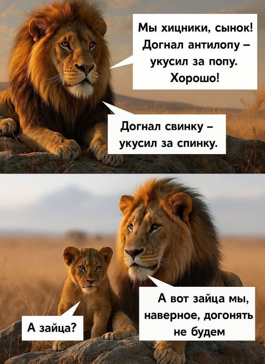 Мы хищники, сынок! Догнал антилопу – укусил за попу. Хорошо! Догнал свинку – укусил за спинку. А зайца? А вот зайца мы, наверное, догонять не будем.