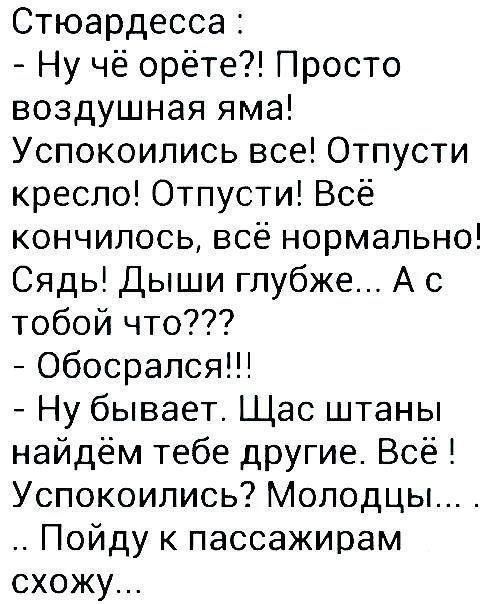 Стюардесса :
- Ну чё орёте?! Просто воздушная яма!
Успокоились все! Отпусти кресло! Отпустите! Всё кончилось, всё нормально! Сядь! Дыши глубже... А с тобой что???
- Обосрался!!!
- Ну бывает. Щас штаны найдём тебе другие! Всё! Успокоились? Молодцы!... Пойду к пассажирам схожу...