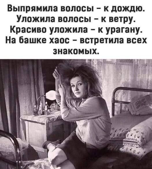 Выпрямила волосы – к дождю.
Уложила волосы – к ветру.
Красиво уложила – к урагану.
На башке хаос – встретила всех знакомых.