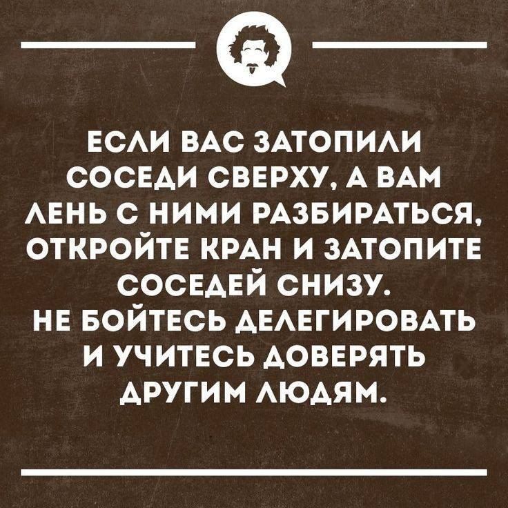 ЕСЛИ ВАС ЗАТОПИЛИ СОСЕДИ СВЕРХУ, А ВАМ ЛЕНЬ С НИМИ РАЗБИРАТЬСЯ, ОТКРОЙТЕ КРАН И ЗАТОПИТЕ СОСЕДЕЙ СНИЗУ. НЕ БОЙТЕСЬ ДЕЛЕГИРОВАТЬ И УЧИТЕСЬ ДОВЕРЯТЬ ДРУГИМ ЛЮДЯМ.