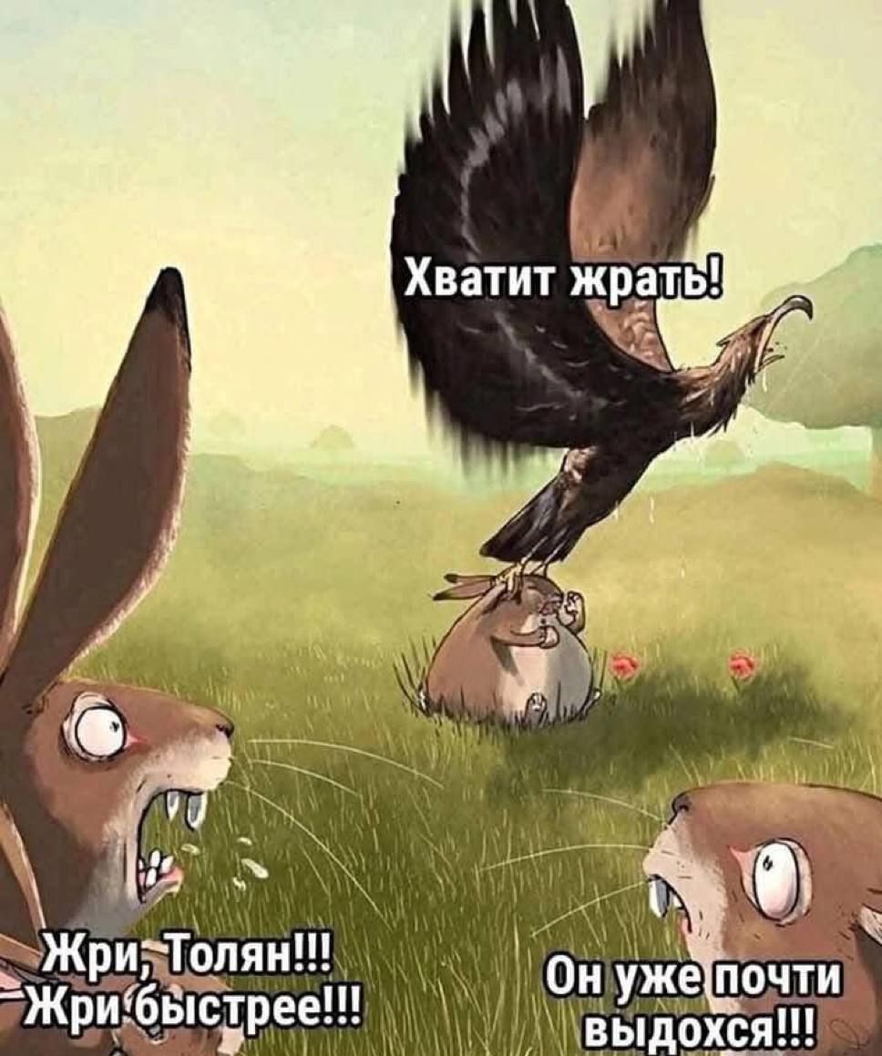 Хватит жрать! Жри, Толя́н!!! Жри быстрее!!! Он уже почти выдохся!!!