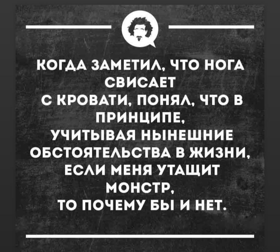 КОГДА ЗАМЕТИЛ, ЧТО НОГА СВИСАЕТ С КРОВАТИ, ПОНЯЛ, ЧТО В ПРИНЦИПЕ, УЧИТЫВАЯ НЫНЕШНИЕ ОБСТОЯТЕЛЬСТВА В ЖИЗНИ, ЕСЛИ МЕНЯ УТАЩИТ МОНСТР, ТО ПОЧЕМУ БЫ И НЕТ.