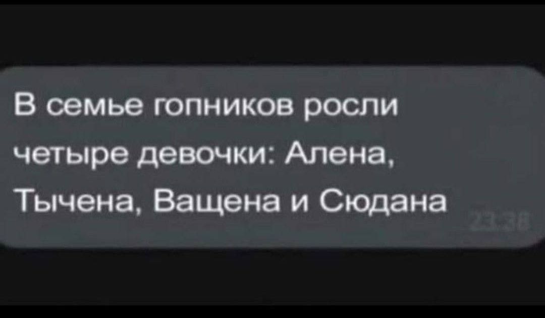 В семье гопников росли
четыре девочки: Алена,
Тычена, Ващена и Сюдана
