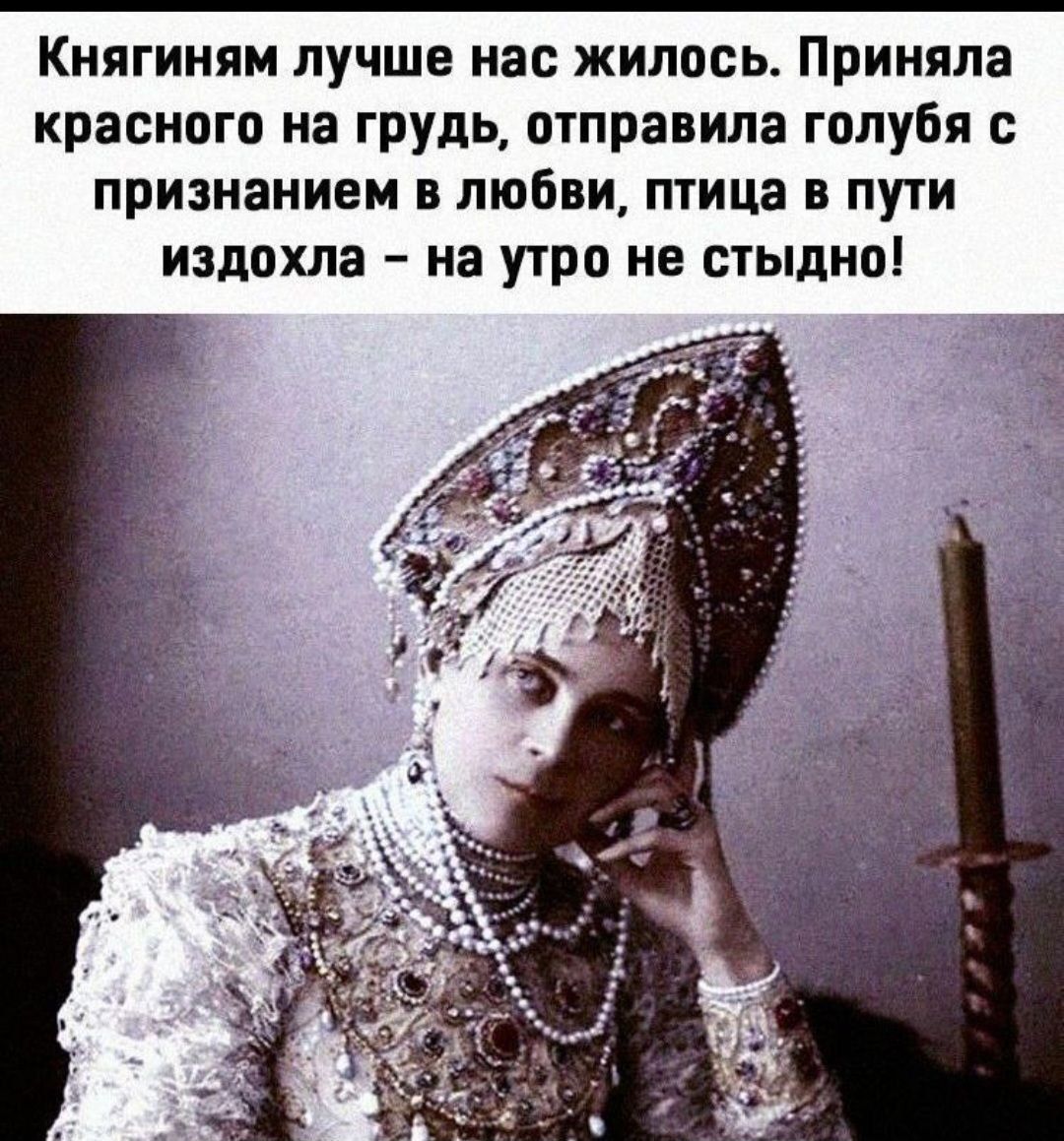 Княгиням лучше нас жилось. Приняла красного на грудь, отправила голубя с признанием в любви, птица в пути издохла – на утро не стыдно!