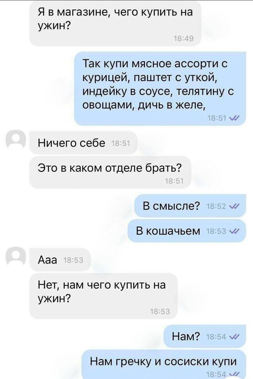 Я в магазине, чего купить на ужин? Так купи мясное ассорти с курицей, паштет с уткой, индейку в соусе, телятину с овощами, дичь в желе, Ничего себе Это в каком отделе брать? В смысле? В кошачьем Aaa Нет, нам чего купить на ужин? Нам гречку и сосиски купи.