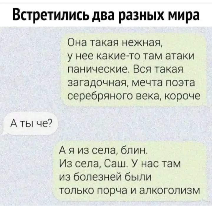 Встретились два разных мира
Она такая нежная, у нее какие-то там атаки панические. Вся такая загадочная, мечта поэта серебряного века, короче
А ты че?
А я из села, блин. Из села, Саш. У нас там из болезней были только порча и алкоголизм