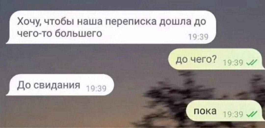 Хочу, чтобы наша переписка дошла до чего-то большего
До чего?
До свидания
пока