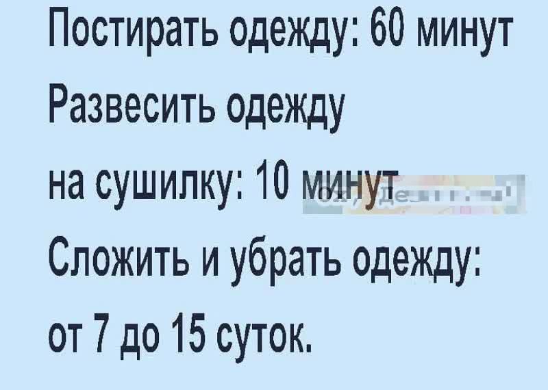 Постирать одежду: 60 минут
Развесить одежду
на сушилку: 10 минут
Сложить и убрать одежду:
от 7 до 15 суток.