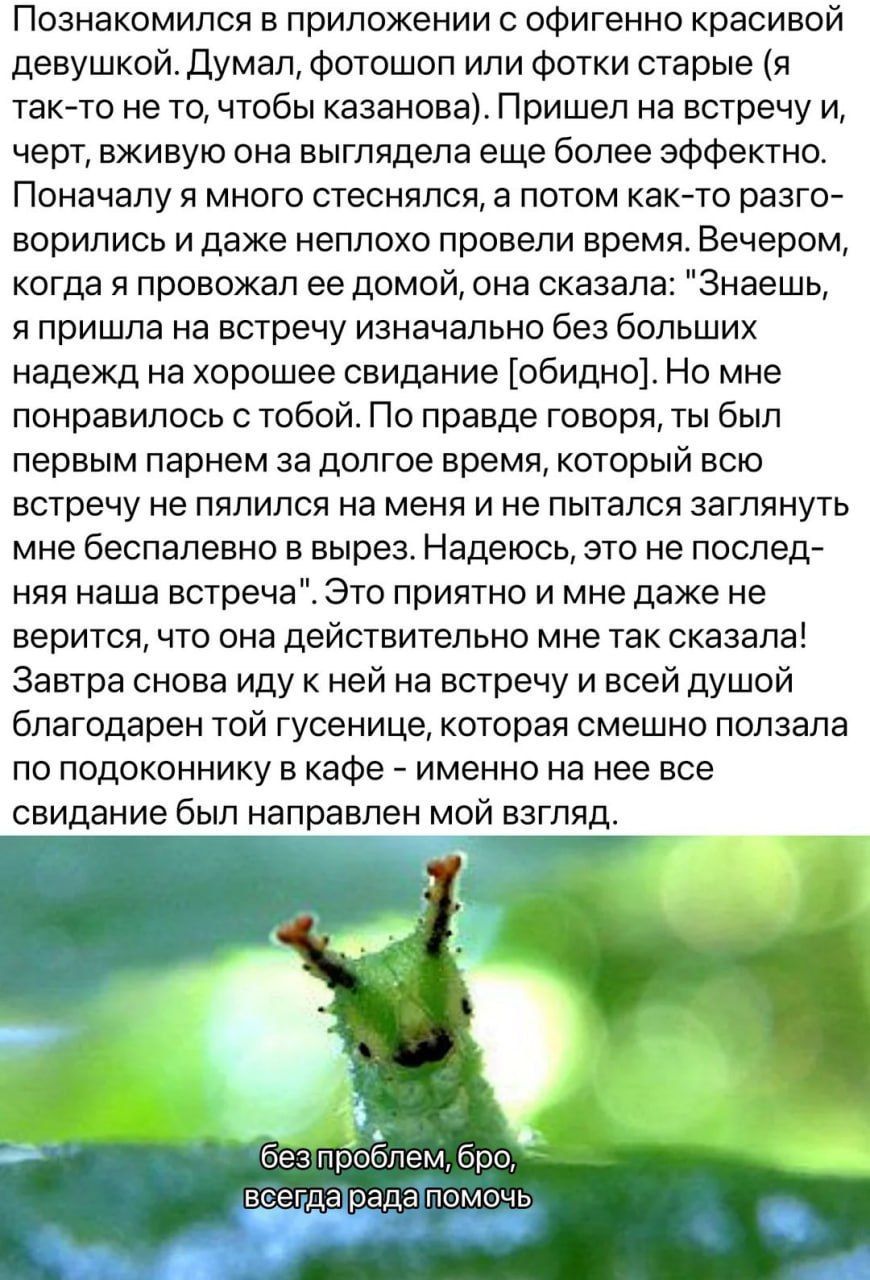 Познакомился в приложении с офигенно красивой девушкой. Думал, фотошоп или фотки старье (я так-то не то, чтобы казановой). Пришел на встречу и, черт, взбившую она выглядела еще более эффектно. Поначалу я много стеснялся, а потом как-то разговорились и даже неплохо провели время. Вечером, когда я провожал ее домой, она сказала: 