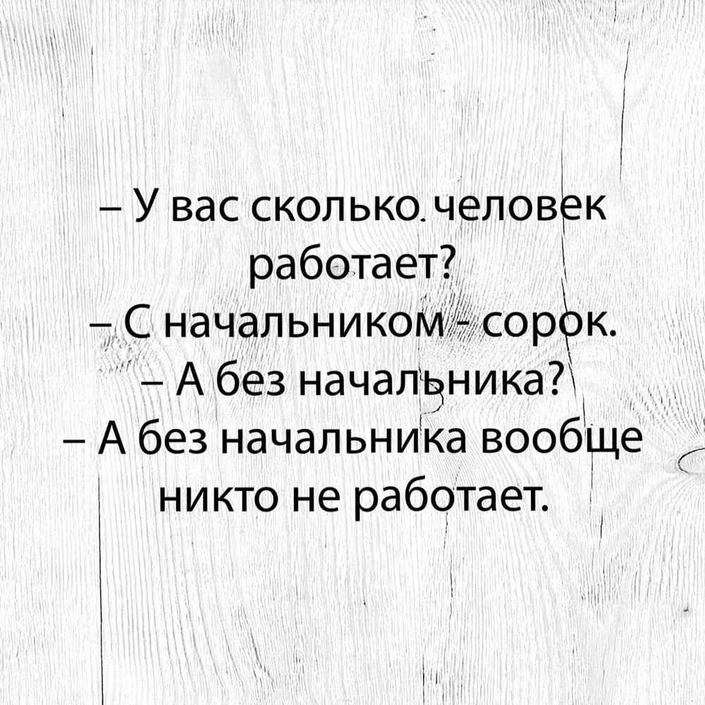 – У вас сколько человек работает?
– С начальником – сорок.
– А без начальника?
– А без начальника вообще никто не работает.