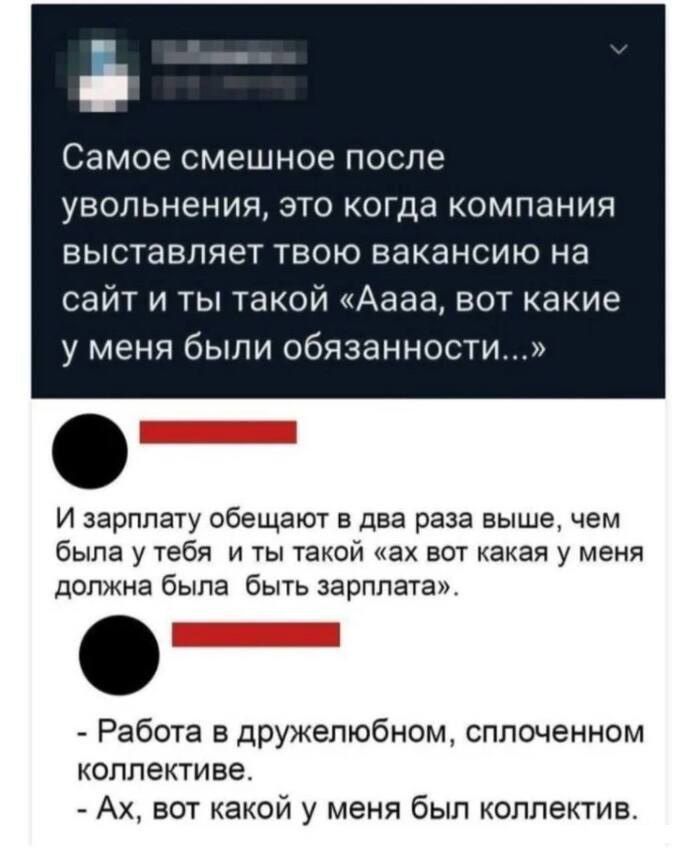 Самое смешное после увольнения, это когда компания выставляет твою вакансию на сайт и ты такой «Аааа, вот какие у меня были обязанности...» И зарплату обещают в два раза выше, чем была у тебя и ты такой «ах вот какая у меня должна была быть зарплата». - Работа в дружелюбном, сплоченном коллективе. - Ах, вот какой у меня был коллектив.