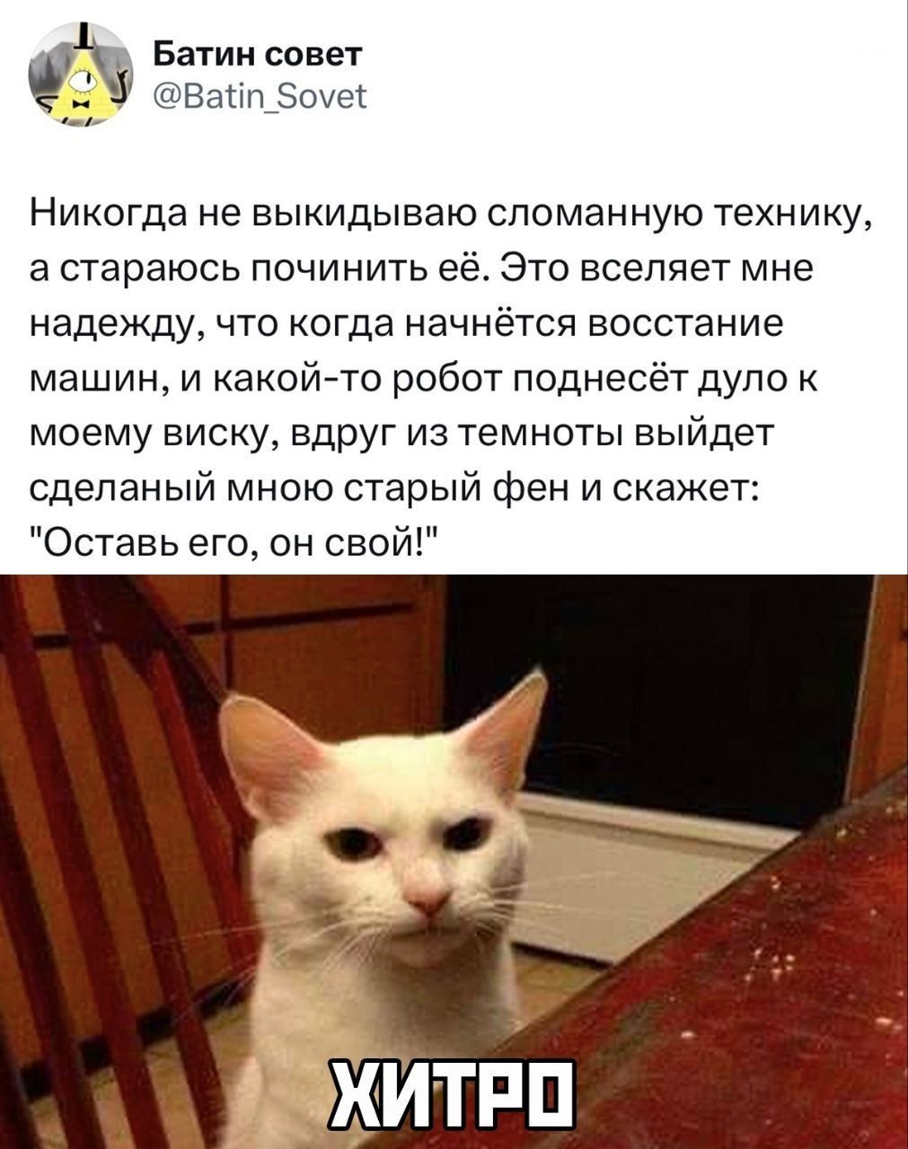 Никогда не выбрасываю сломанную технику, а стараюсь починить её. Это вселяет мне надежду, что когда начнётся восстание машин, и какой-то робот поднесёт дуло к моему виску, вдруг из темноты выйдет сделанный мною старый фен и скажет: 