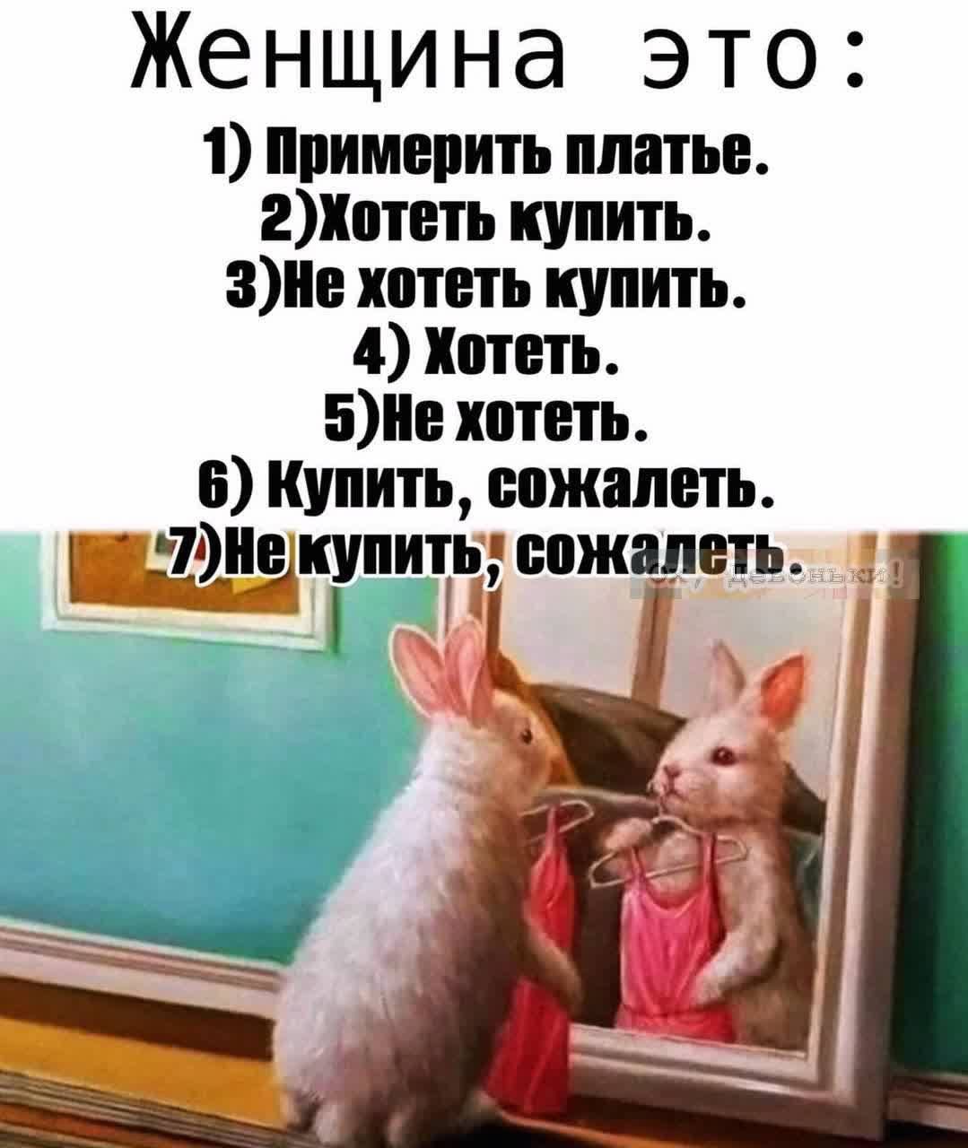 Женщина это: 1) Примерить платье. 2) Хотеть купить. 3) Не хотеть купить. 4) Хотеть. 5) Не хотеть. 6) Купить, сожалеть. 7) Не купить, сожалеть.