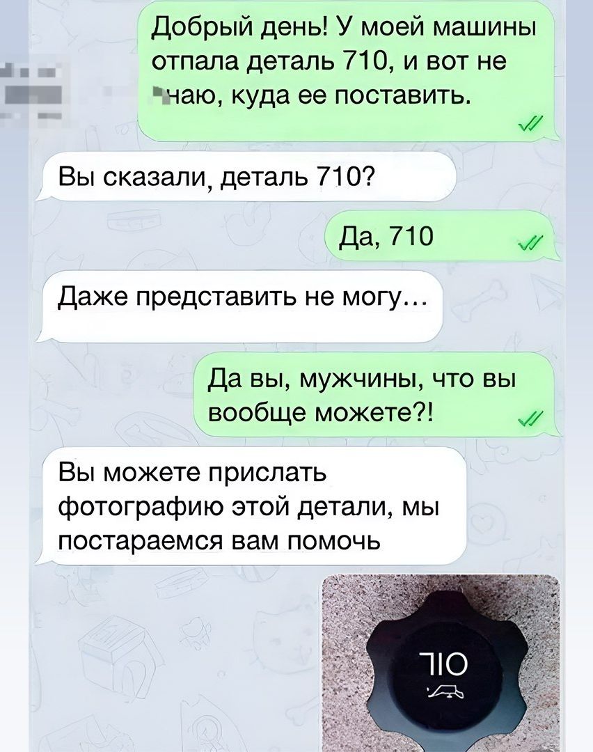 Добрый день! У моей машины отпала деталь 710, и вот не знаю, куда её поставить.
Вы сказали, деталь 710?
Да, 710.
Даже представить не могу...
Да вы, мужчины, что вы вообще можете?!
Вы можете прислать фотографию этой детали, мы постараемся вам помочь.