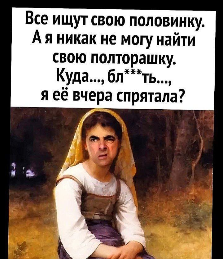 Все ищут свою половинку. А я никак не могу найти свою полторашку. Куда..., блядь..., я её вчера спрятала?