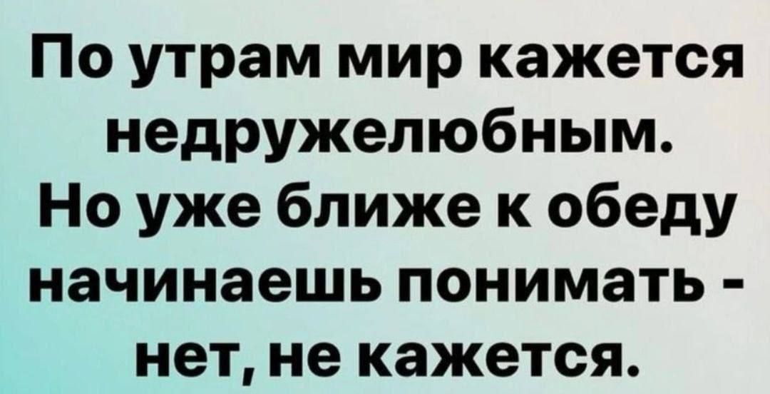 По утрам мир кажется недружелюбным. Но уже ближе к обеду начинаешь понимать - нет, не кажется.