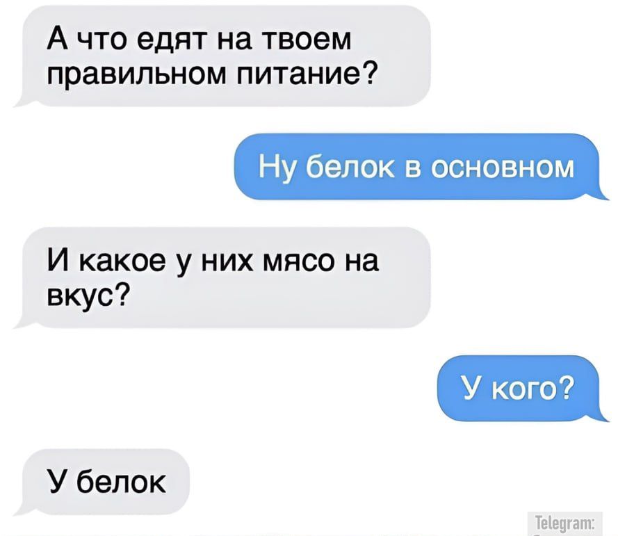 А что едят на твоем правильном питании? Ну белок в основном И какое у них мясо на вкус? У кого? У белок