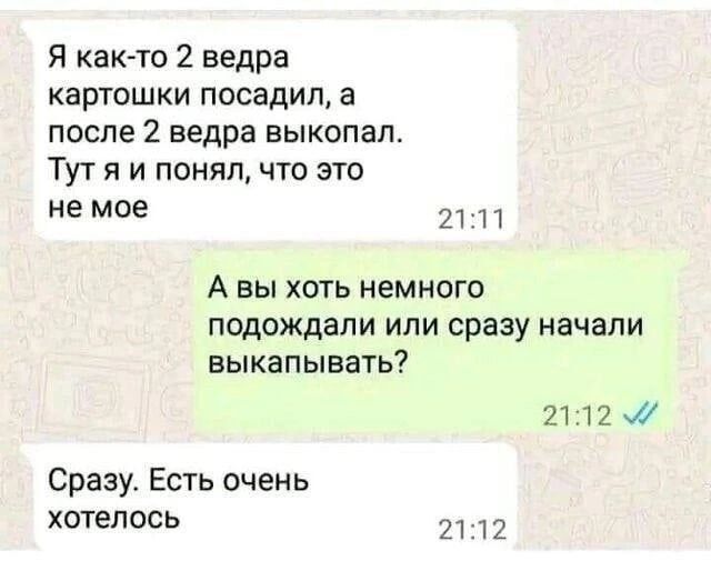 Я как-то 2 ведра картошки посадил, а после 2 ведра выкопал. Тут я и понял, что это не моё
А вы хоть немного подождали или сразу начали выкопывать?
Сразу. Есть очень хотелось