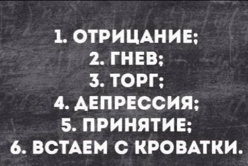 1. ОТРИЦАНИЕ;
2. ГНЕВ;
3. ТОРГ;
4. ДЕПРЕССИЯ;
5. ПРИНЯТИЕ;
6. ВСТАЕМ С КРОВАТКИ.