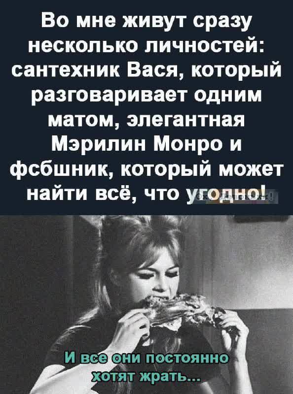 Во мне живут сразу несколько личностей: сантехник Вася, который разговаривает одним матом, элегантная Мэрилин Монро и фсбшник, который может найти всё, что угодно! И все они постоянно хотят жрать...