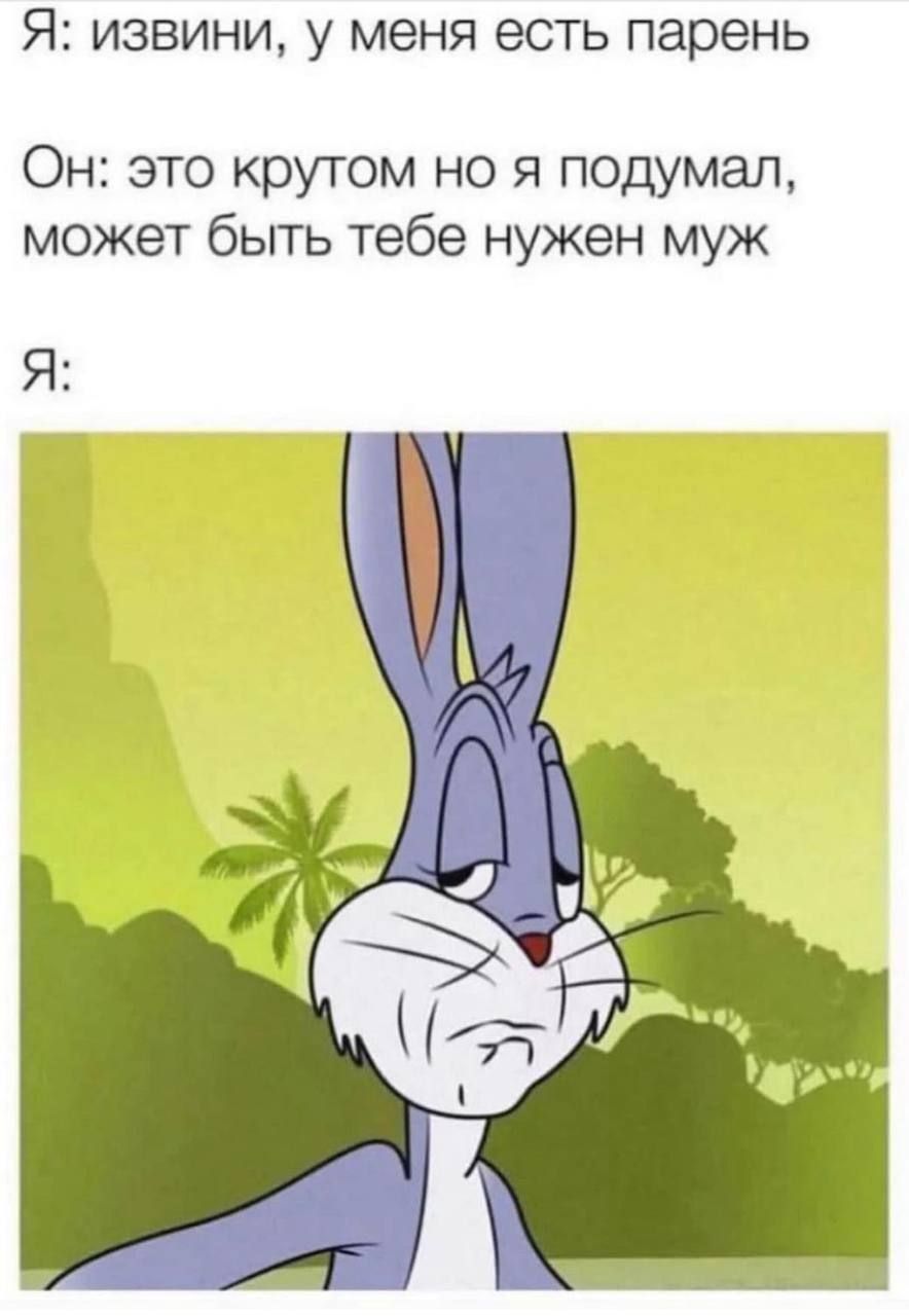 Я: извини, у меня есть парень
Он: это крутон но я подумал, может быть тебе нужен муж
Я: