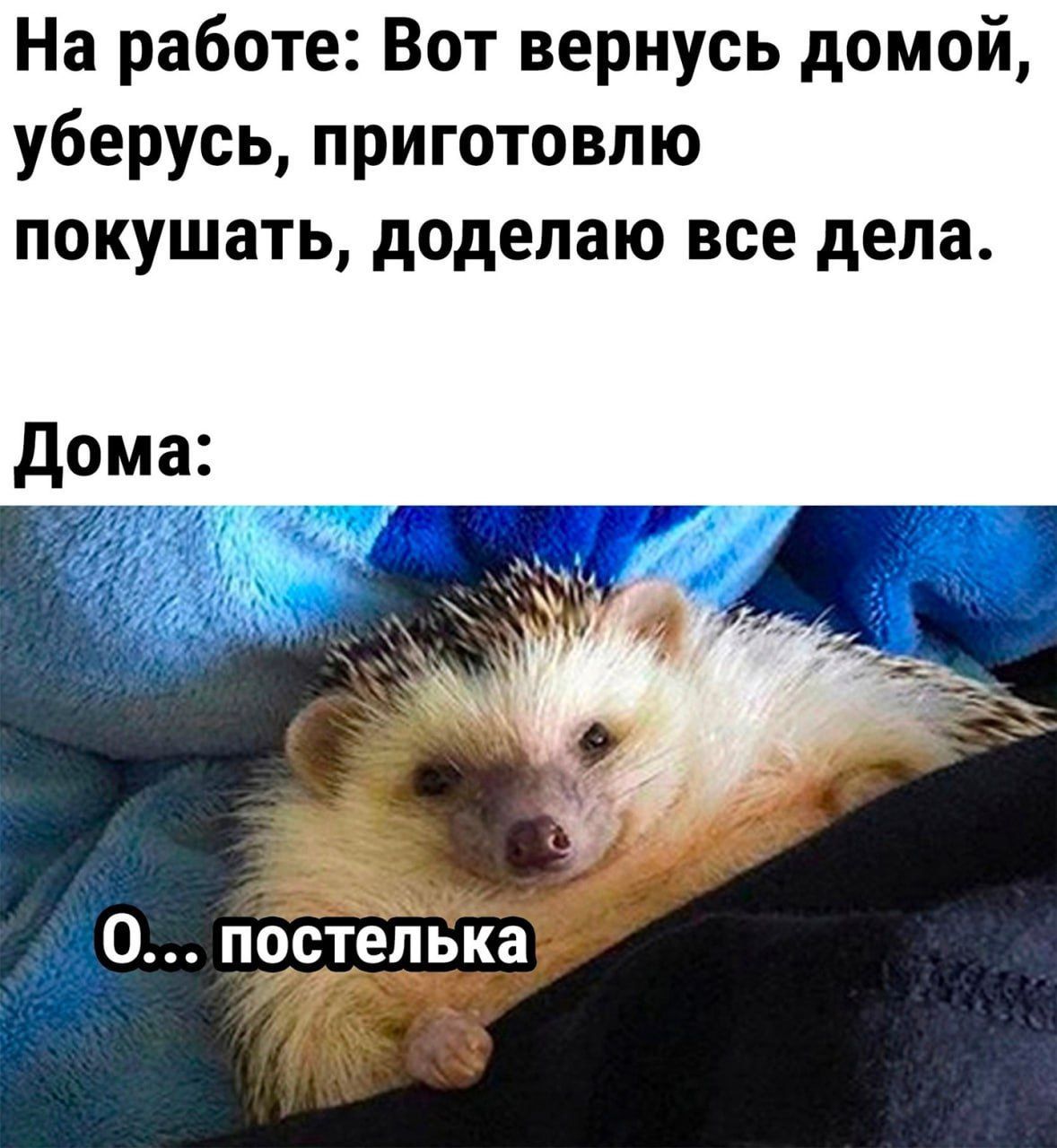 На работе: Вот вернусь домой, уберусь, приготовлю кушать, доделаю все дела.
Дома:
О... постелька
