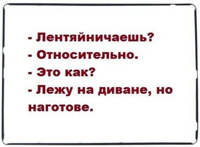 - Лентяйничаешь?
- Относительно.
- Это как?
- Лежу на диване, но наготове.