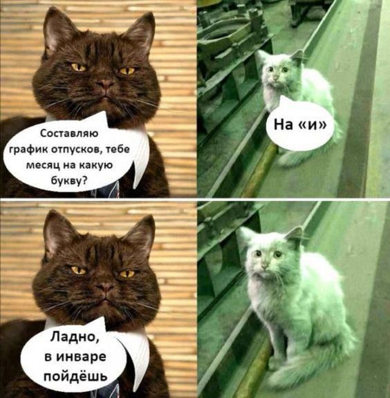 Составляю график отпусков, тебе месяц на какую букву?
На «и»
Ладно, в инваре пойдёшь