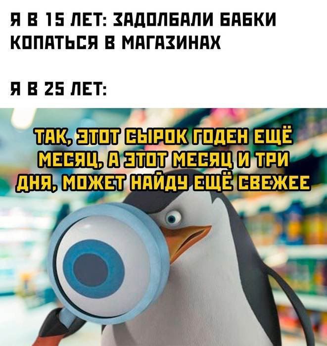 Я в 15 лет: задолбали бабки копаться в магазинах
Я в 25 лет: Так, этот сырок годен ещё месяц, а этот месяц и три дня, может найду ещё свежее.
