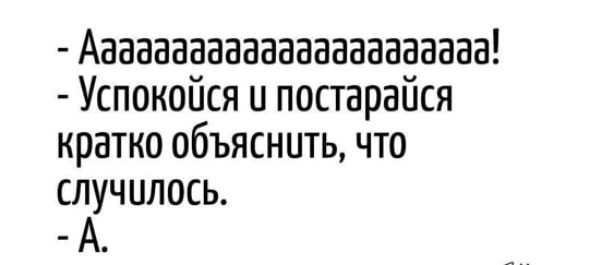 - АAAAAAAAAAAAAAAAAAAAAA!
- Успокойся и постарайся кратко объяснить, что случилось.
- А.