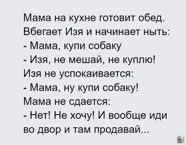 Мама на кухне готовит обед. Вбегает Изя и начинает ныть:
- Мама, купи собаку
- Изя, не мешай, не куплю!
Изя не успокаивается:
- Мама, ну купи собаку!
Мама не сдаётся:
- Нет! Не хочу! И вообще иди во двор и там продавай...