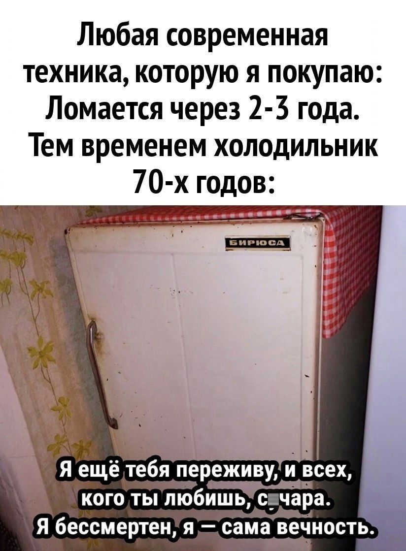 Любая современная техника, которую я покупаю: Ломается через 2-3 года. Тем временем холодильник 70-х годов:

Я ещё тебя переживу, и всех, кого ты любишь, сейчас. Я бессмертен, я — сама вечность.
