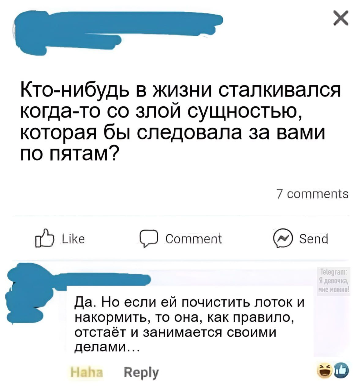 Кто-нибудь в жизни сталкивался когда-то со злой сущностью, которая бы следовала за вами по пятам?\n\nДа. Но если ей почистить лоток и накормить, то она, как правило, отстает и занимается своими делами...