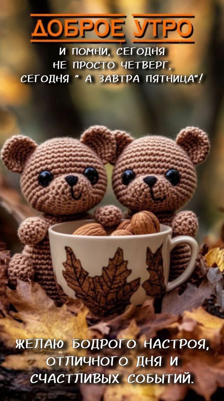 ДОБРОЕ УТОРО И ПОМНИ, СЕГОДНЯ НЕ ПРОСТО ЧЕТВЕРГ, СЕГОДНЯ А ЗАВТРА ПЯТНИЦА! ЖЕЛАЮ БОДРОГО НАСТРОЯ, ОТЛИЧНОГО ДНЯ И СЧАСТЛИВЫХ СОБЫТИЙ.