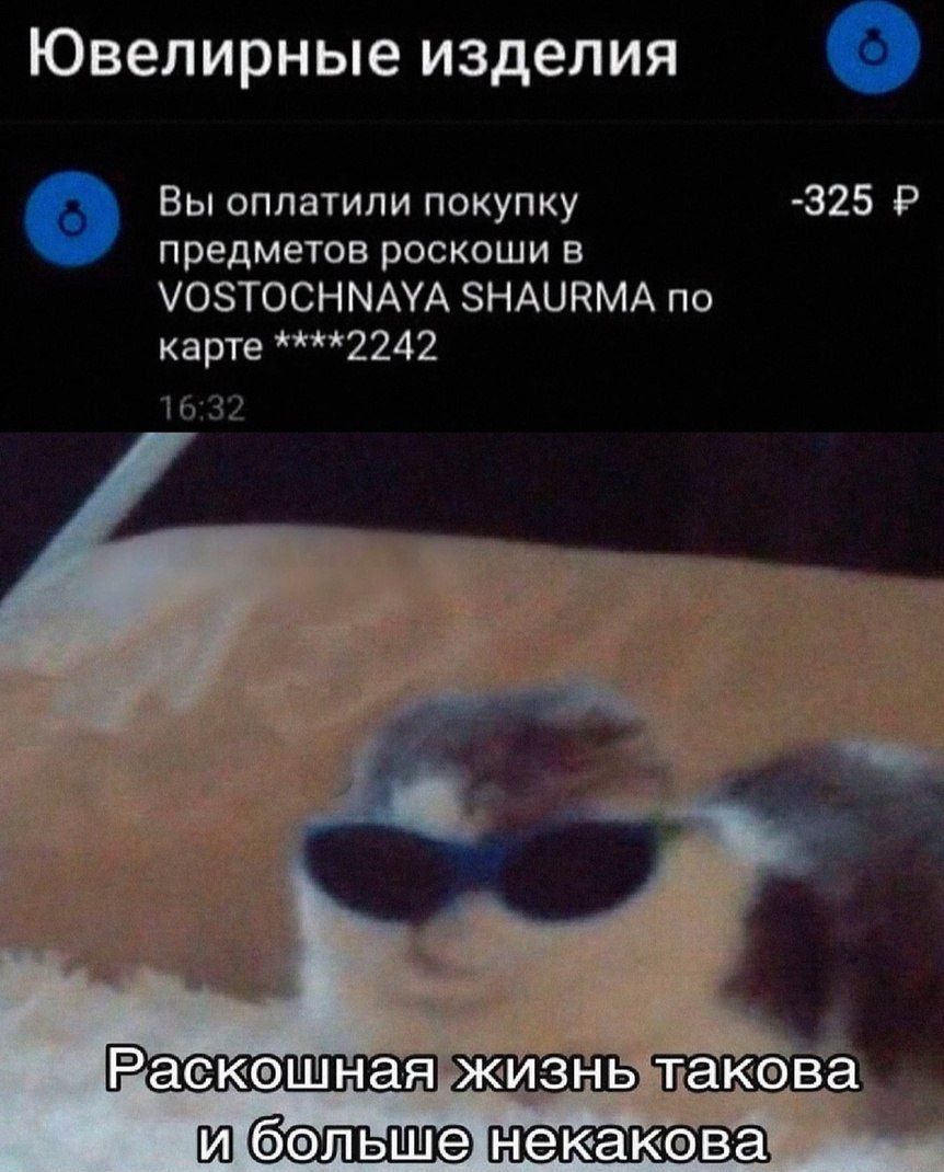Вы оплатили покупку предметов роскоши в VOSTOCHNAYA SHAURMA по карте ****2242 16:32 Раскошная жизнь такая и больше неказова