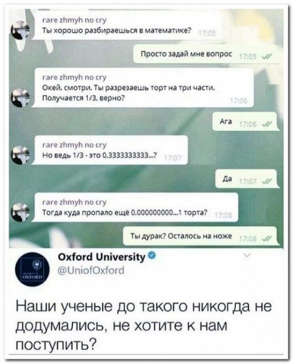 Ты хорошо разбираешься в математике? Просто задай мне вопрос. Окей, смотри: разрезаешь торт на три части. Получается 1/3? Ага. Но 1/3 это 0.333... Тогда куда пропало ещё 0.0000000001 торта? Ты дурак? Осталось на ноже. Oxford: Наши ученые до такого никогда не додумались, не хотите к нам поступить?