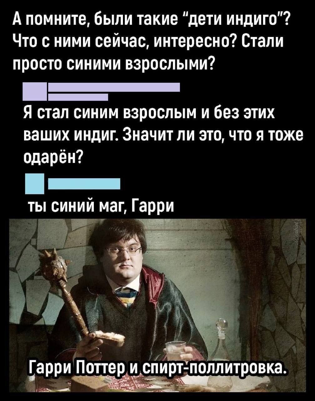 А помните, были такие “дети индиго”? Что с ними сейчас, интересно? Стали просто синими взрослыми? Я стал синим взрослым и без этих ваших индидг. Значит ли это, что я тоже одарён? ты синий маг, Гарри Гарри Поттер и спирт-поллитровка.