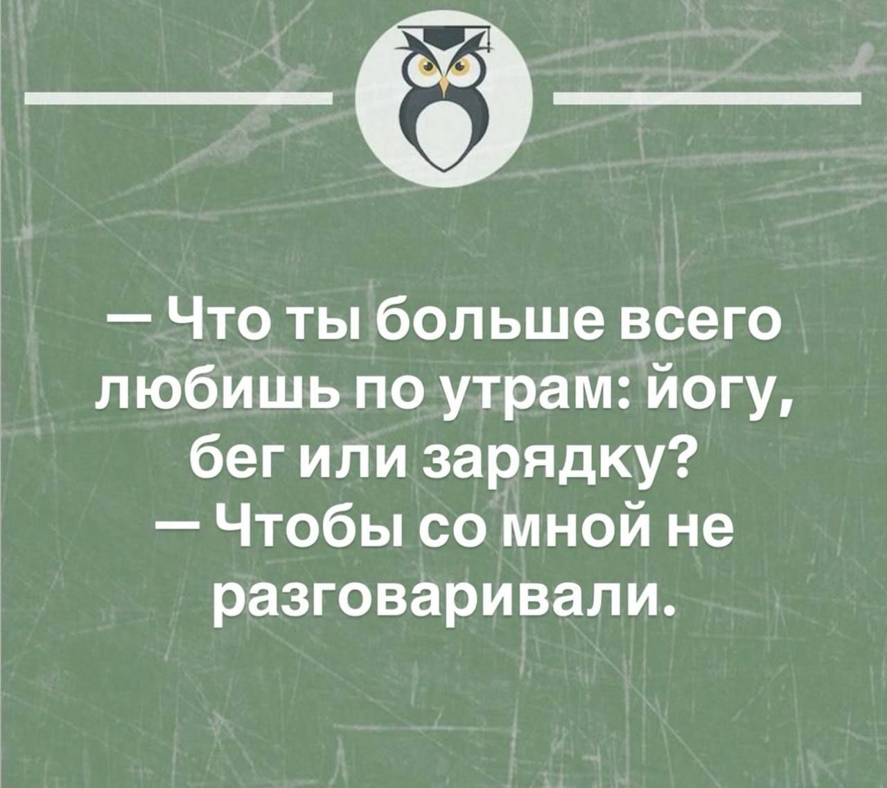 — Что ты больше всего любишь по утрам: йогу, бег или зарядку? — Чтобы со мной не разговивали.