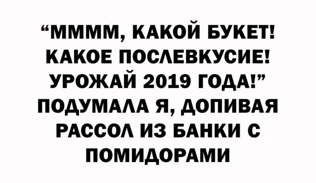 «ММММ, КАКОЙ БУКЕТ! КАКОЕ ПОСЛЕВКУСИЕ! УРОЖАЙ 2019 ГОДА!» ПОДУМАЛА Я, ДОПИВАЯ РАССОЛ ИЗ БАНКИ С ПОМИДОРАМИ