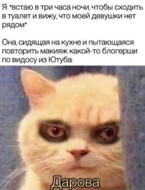 Я: «встаю в три часа ночи, чтобы сходить в туалет и вижу, что моей девушки нет рядом» Она, сидящая на кухне и пытающаяся повторить макияж какой-то блогерши по виду из Ютуба